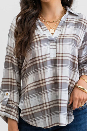 Collared Plaid Split Neck Top - Dusty Green