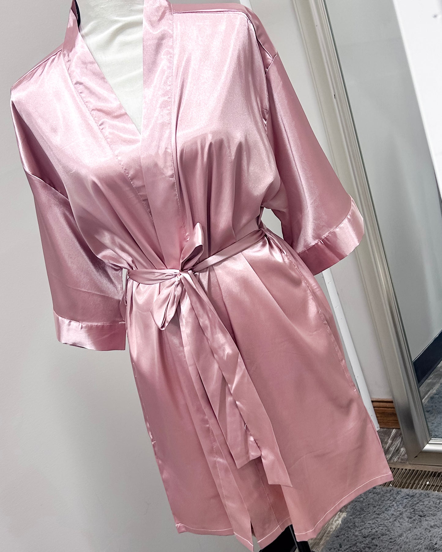 Satin Kimono Short Robe - Rose Pink Rachel Rene Satin Kimono Short Robe - Rose Pink Rachel Rene