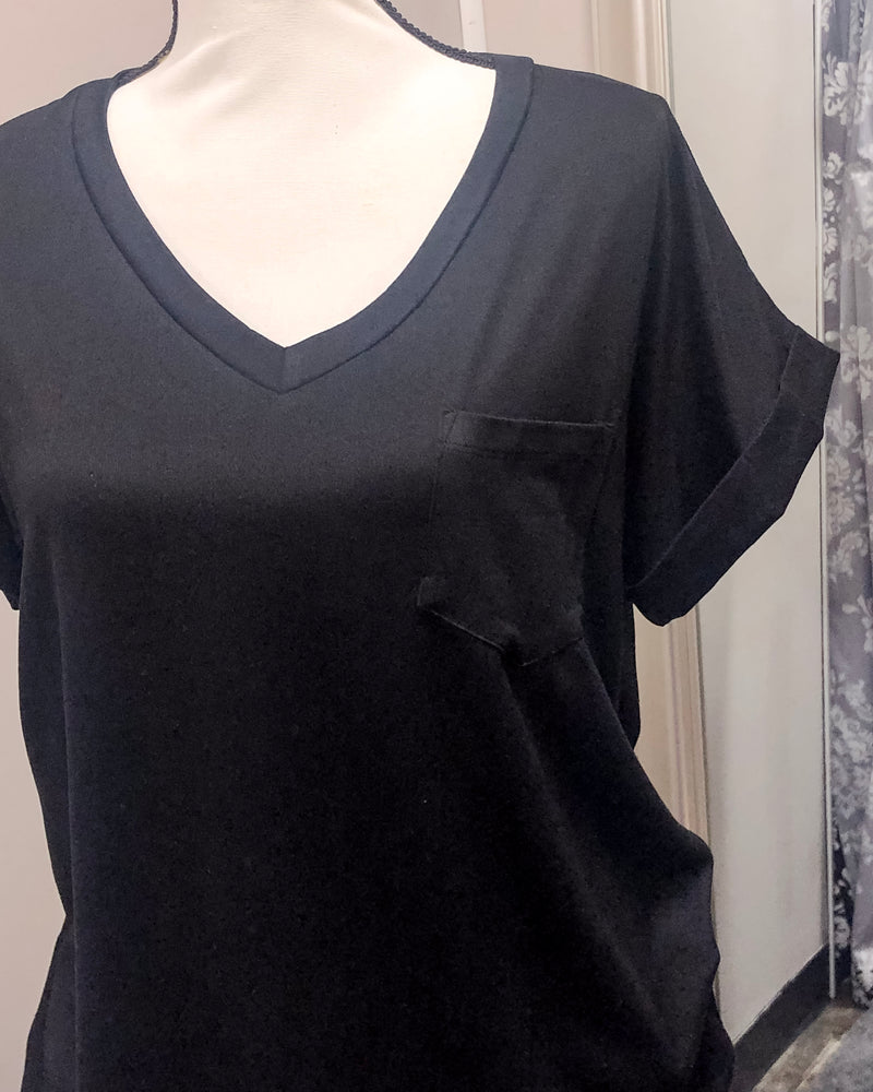 V-Neck Knit Top w/ Pocket - Black