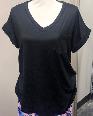 V-Neck Knit Top w/ Pocket - Black