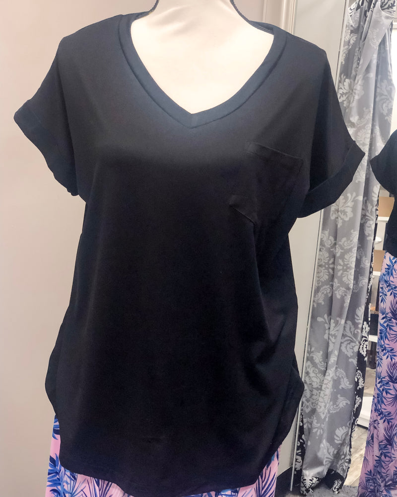 V-Neck Knit Top w/ Pocket - Black