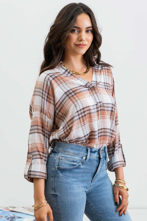 
            
                Load image into Gallery viewer, Collared Plaid Split Neck Top - Brown Multi
            
        