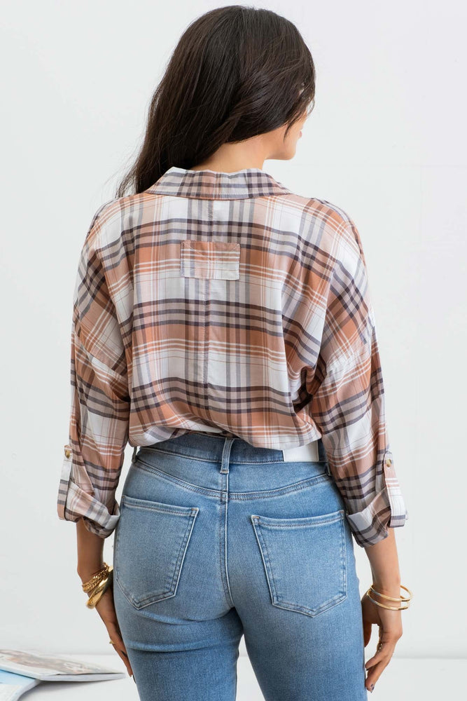 
            
                Load image into Gallery viewer, Collared Plaid Split Neck Top - Brown Multi
            
        