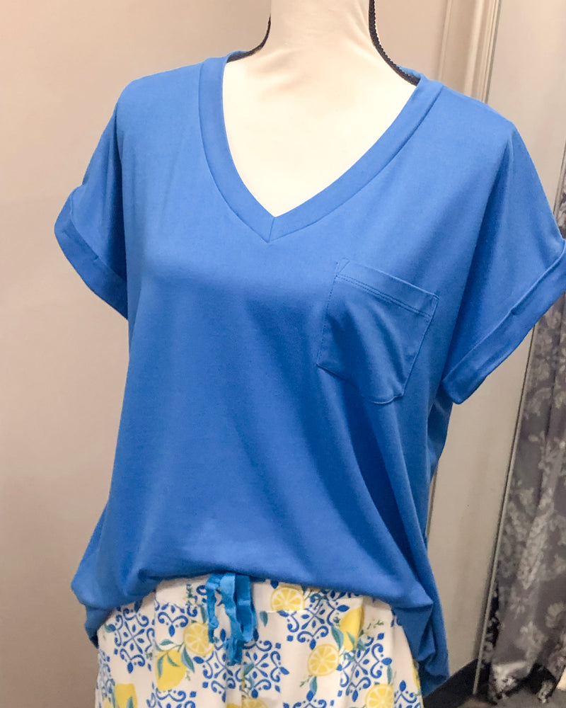 V-Neck Knit Top w/ Pocket - French Blue