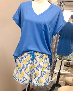 V-Neck Knit Top w/ Pocket - French Blue