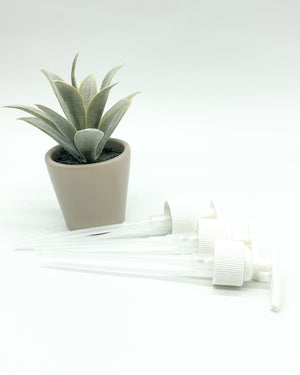 Three white liquid soap pumps lie next to a small potted succulent.