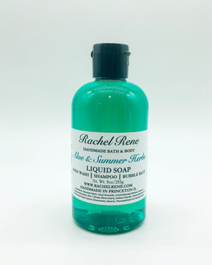 A semi-transparent teal liquid soap with a white label reading "Aloe & Summer Herbs." It has a black pull-top cap on a white background.