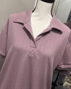 Textured Short Sleeved Collared Lounge Top - Mauve