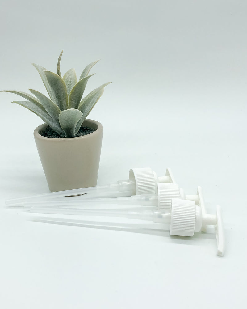 Three white liquid soap pumps lie next to a potted succulent.