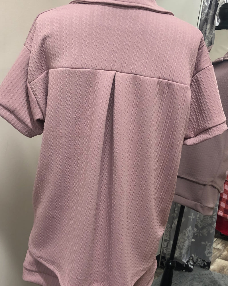 Textured Short Sleeved Collared Lounge Top - Mauve