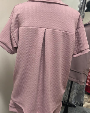 Textured Short Sleeved Collared Lounge Top - Mauve