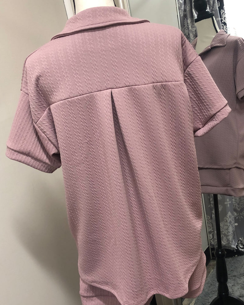 Textured Short Sleeved Collared Lounge Top - Mauve