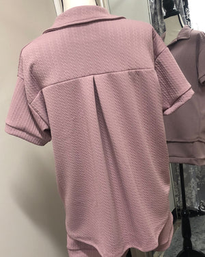 Textured Short Sleeved Collared Lounge Top - Mauve
