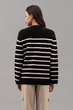 Drop Shoulder Striped Knit Sweater - Black