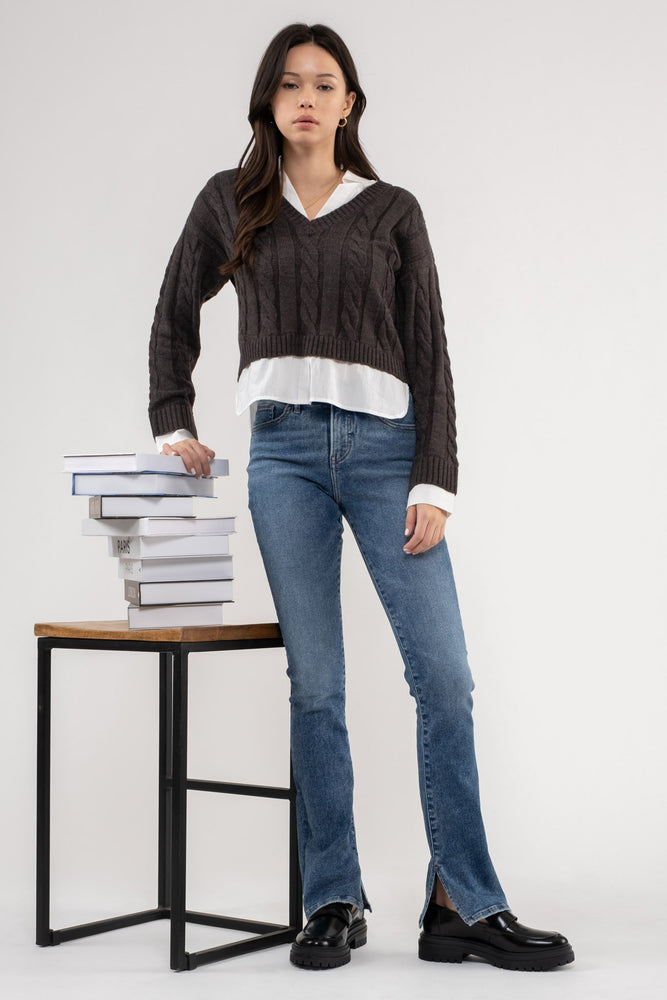 Layered V-neck Cableknit Sweater - Charcoal
