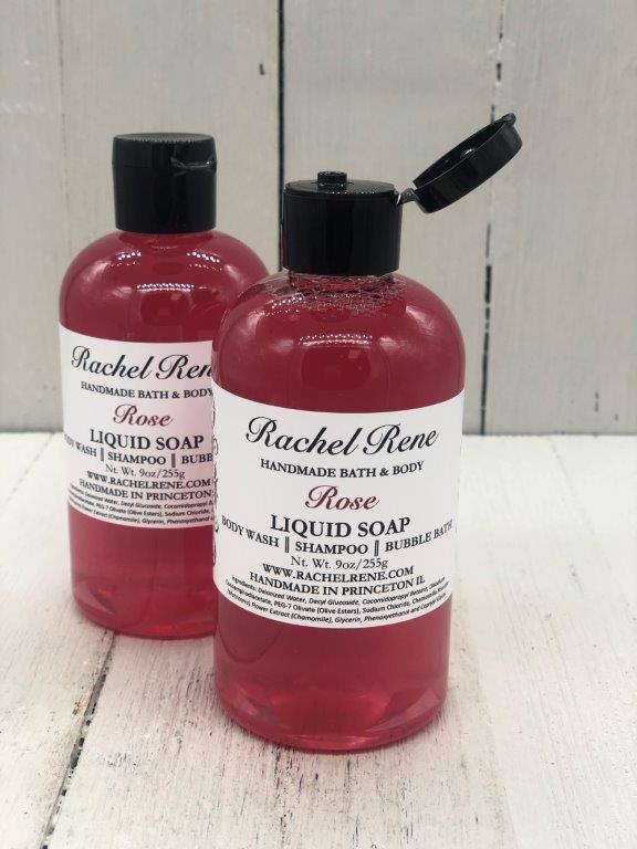 Rose scented liquid soap in a clear 8oz bottle with a black flip top cap