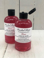 Rose scented liquid soap in a clear 8oz bottle with a black flip top cap