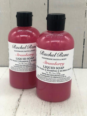 Strawberry scented pinkish red liquid soap in a clear 8oz bottle with a black flip top cap