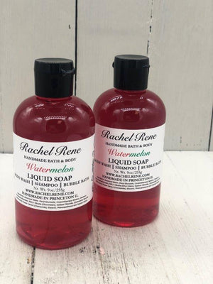 Watermelon scented liquid soap in a clear bottle with a black flip top cap