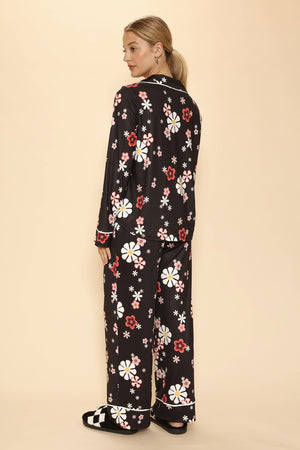 Black w/ Floral Print Pajama Set - Button Front with Pockets
