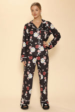 Black w/ Floral Print Pajama Set - Button Front with Pockets