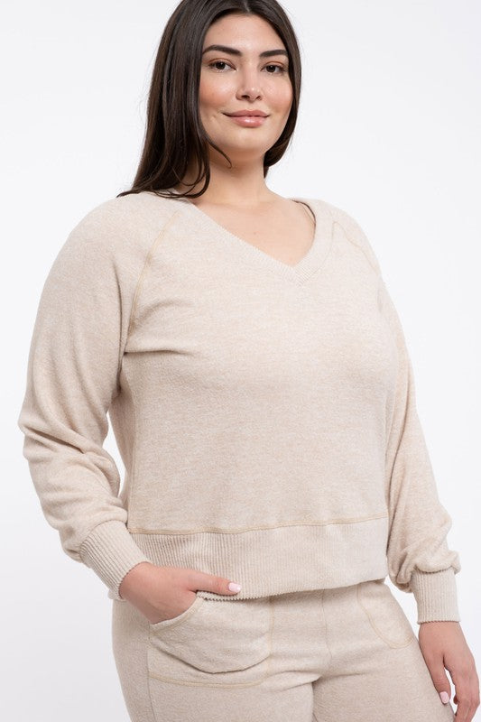 Oatmeal V-neck Knit Pullover - PLUS